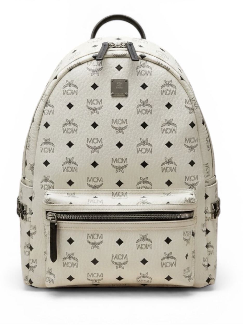 Authentic Mcm Stark Backpack White Blue Visetos Size Medium Side Studs Unisex